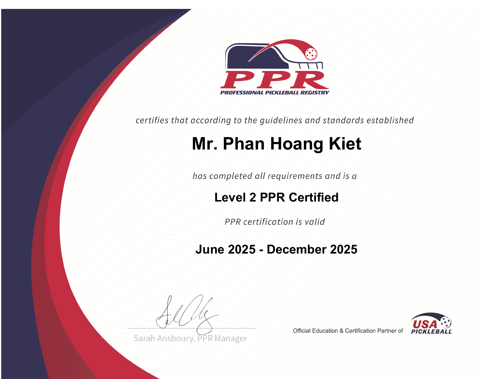 Chứng chỉ PPR Level 2 của Phan Hoàng Kiệt ghi thời hạn từ tháng 6 đến tháng 12 năm 2025